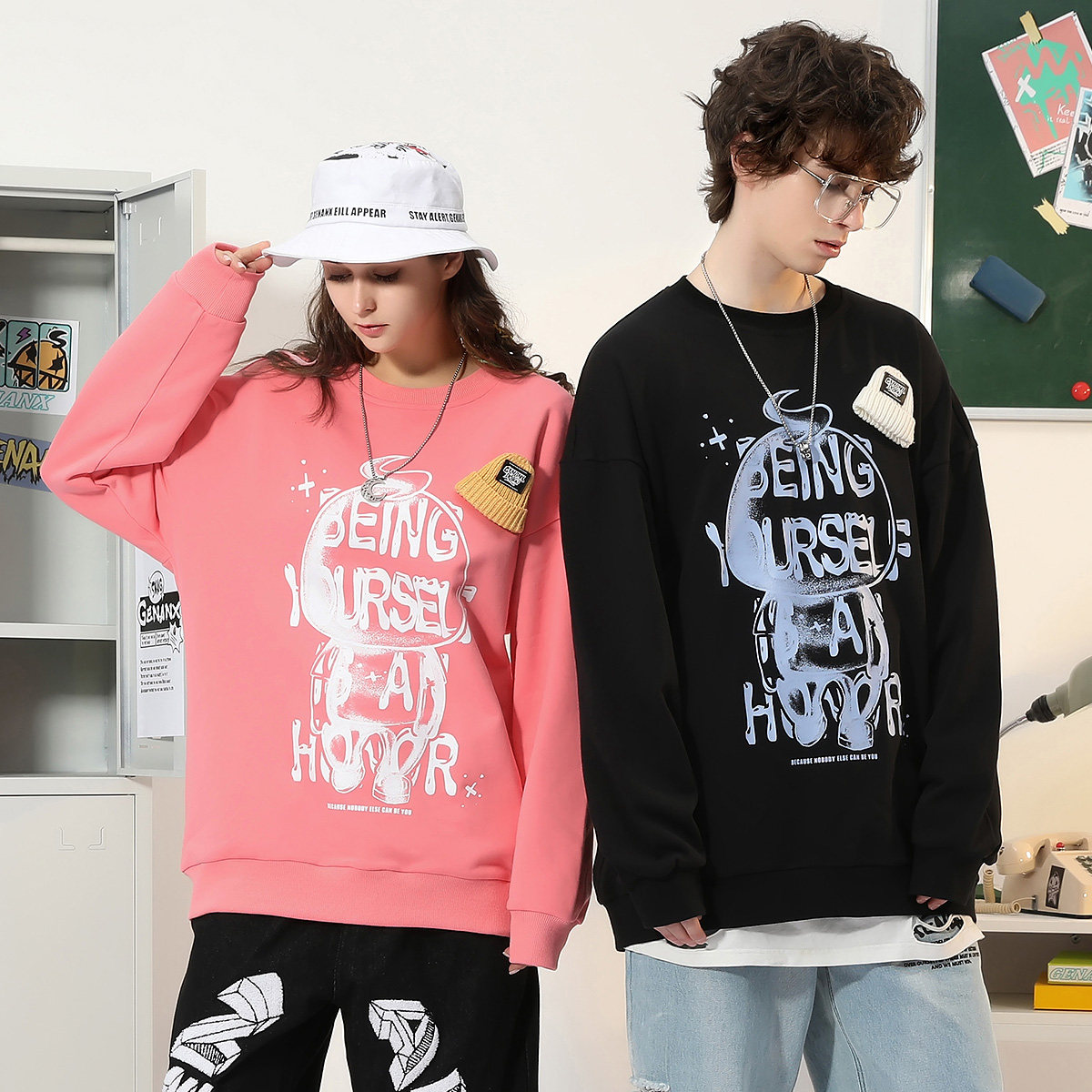 GENANX闪电潮牌宽松情侣卫衣英文印花秋季新款毛线装饰帽长袖上衣