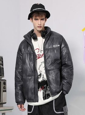 GENANX闪电潮牌仿pu皮棉服外套新款冬季涂鸦字母印花黑灰色棉衣男