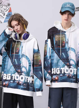 bt潮牌春秋季卡通印花logo字母连帽长袖套头卫衣男女同款白蓝色