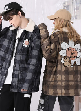 XXGOGO冬季撞色格纹雏菊贴布绣灯芯绒翻领落肩袖棉服男女同款情侣