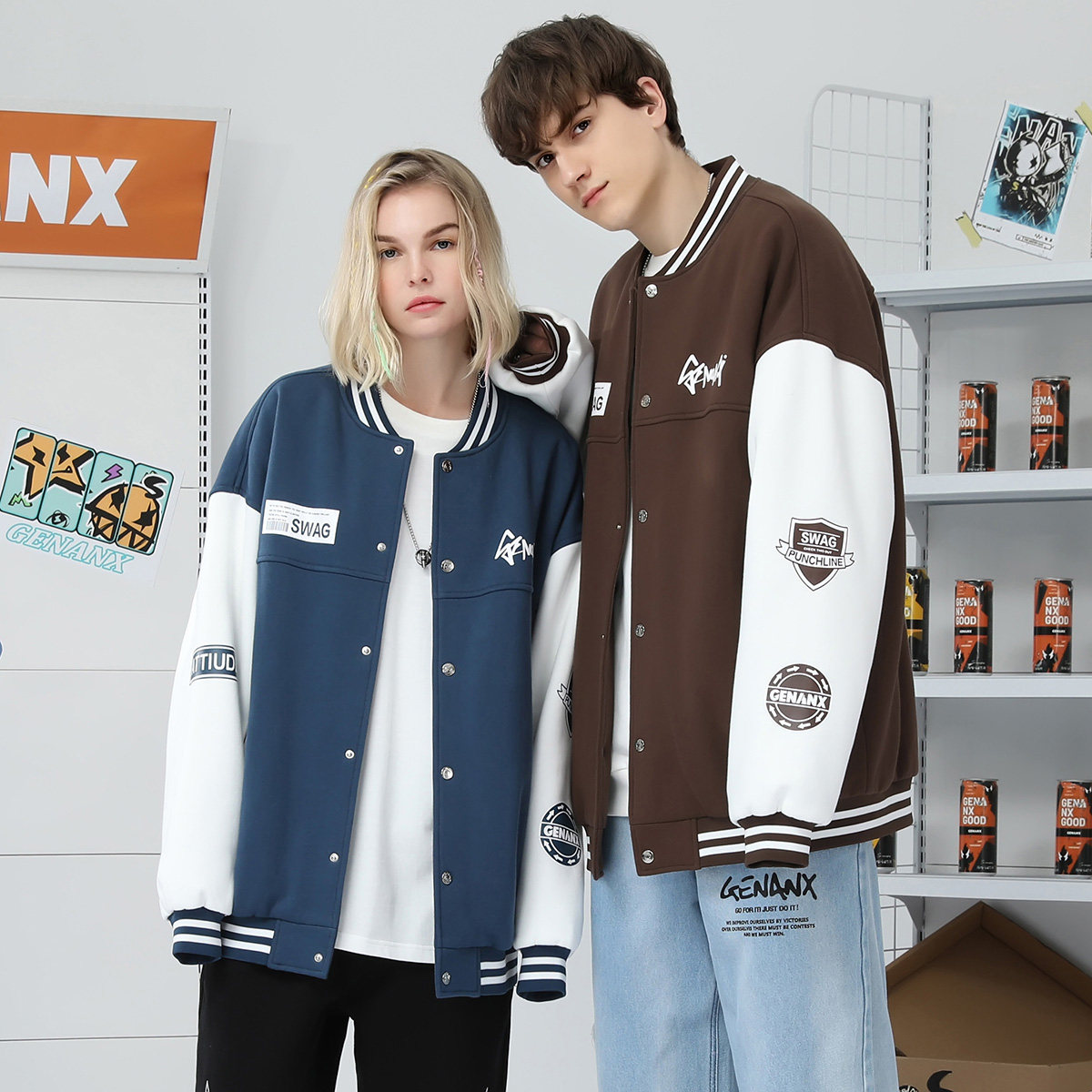 GENANX闪电潮牌美式棒球服夹克复古情侣装秋冬季vibe风外套男女装