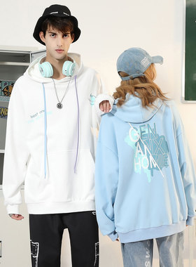 GENANX闪电潮牌春款情侣上衣男国潮百搭套头衫蓝色连帽情侣卫衣潮
