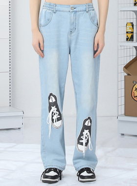 GENANX闪电潮牌黑色牛仔裤趣味立体印花秋季新款直筒水洗牛仔长裤