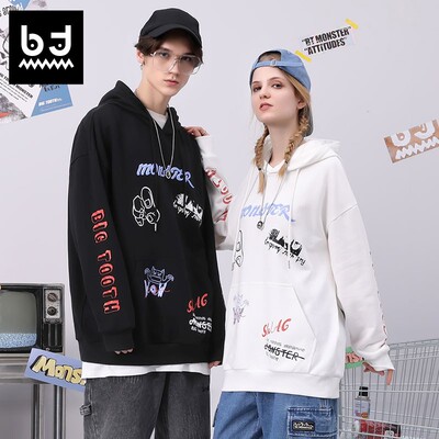 bt潮牌趣味涂鸦麦霸大齿怪印花袋鼠兜纯棉连帽宽松卫衣男女同款
