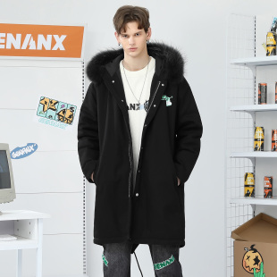 黑色棉衣 麻将印花抽绳连帽纯棉中长款 GENANX闪电潮牌22FW冬季 新款