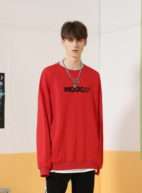 XXGOGO春秋季福气满满字母印花纯棉宽松圆领卫衣男女同款红色情侣