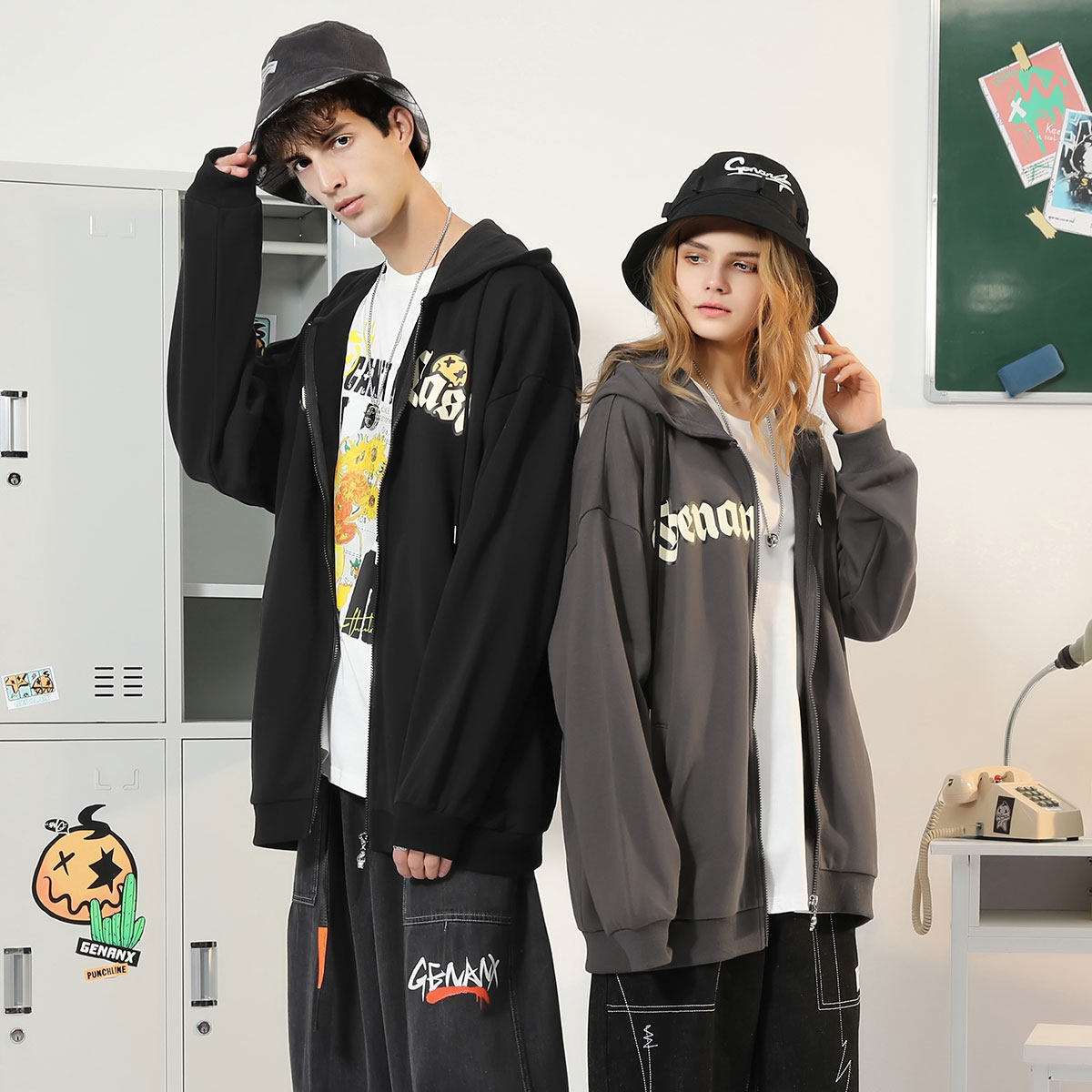 GENANX闪电潮牌美式复古外套潮国潮秋季新款英文印花开衫卫衣连帽