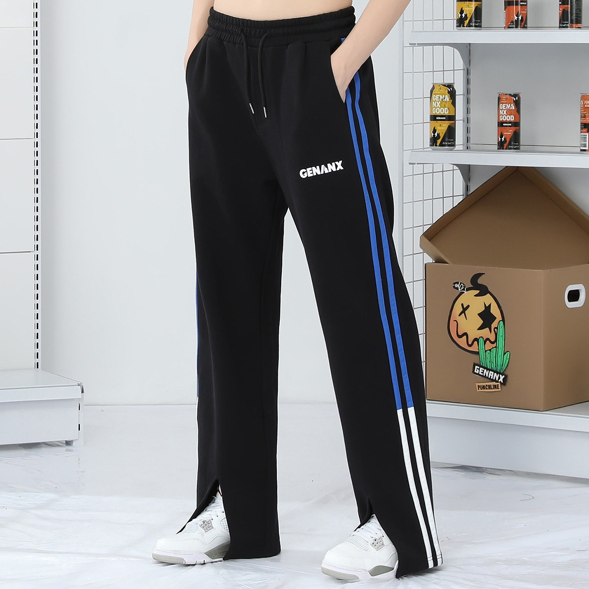 GENANX闪电潮牌撞边卫裤裤架开衩美式宽松运动秋冬百搭裤子纯棉男