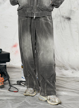 GENANX闪电潮牌秋冬新款水洗做旧黑灰色休闲裤宽松时尚直筒裤子男