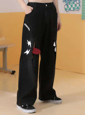 GENANX闪电潮牌新款印花设计宽松直筒垂感黑灰色牛仔裤男百搭男女