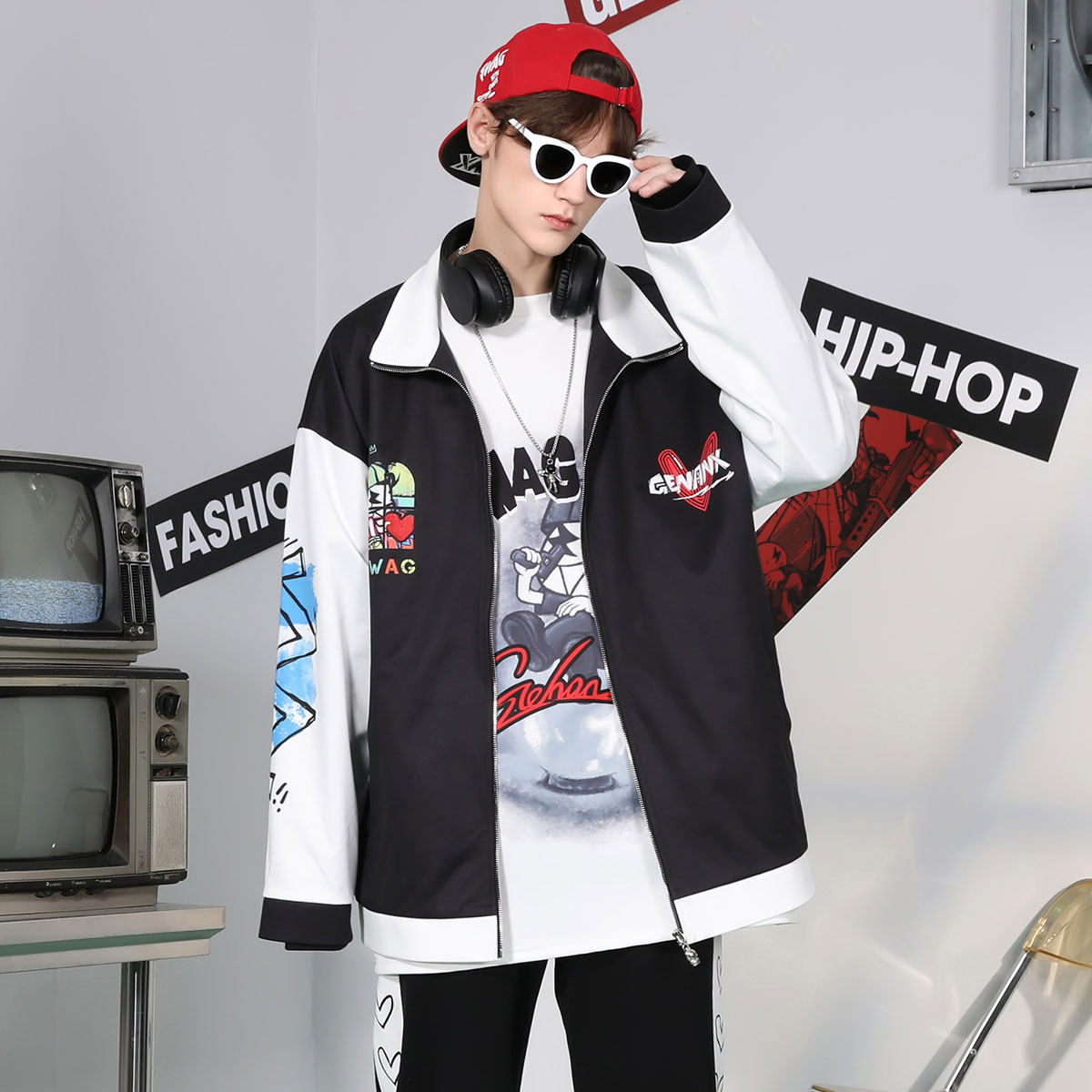 闪电潮牌 X JamesGoldcrown联名款 黑白撞色拼接春季男生夹克外套