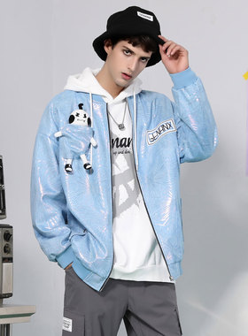GENANX闪电潮牌棒球领男夹克可拆卡通玩偶潮流春秋浅蓝色印花外套