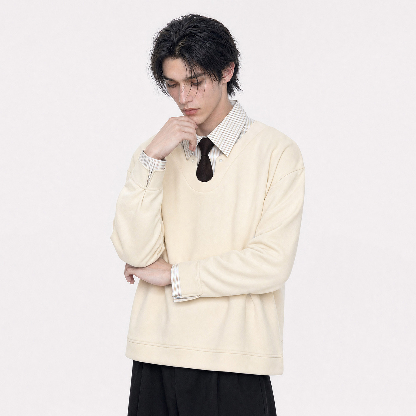 GENANX卫衣男2026秋季新款翻领假两件宽松长袖套头简约休闲少年感