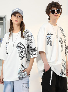GENANX闪电潮牌圆领短袖夏季新款涂鸦印花宽松太空棉重磅白色T恤