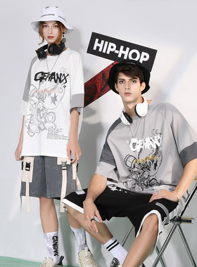 GENANX闪电潮牌五分袖男拼接灰色卡通动漫印花潮流短袖t恤夏季