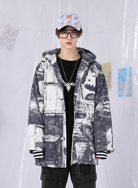 bt大齿怪抽象印花连帽拉链棉服冬季男女同款白灰色宽松棉衣外套