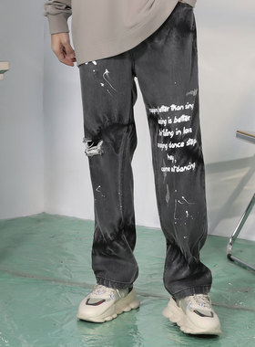 GENANX潮牌灰色牛仔裤男潮春款松紧腰破洞油漆印花宽松直筒长裤