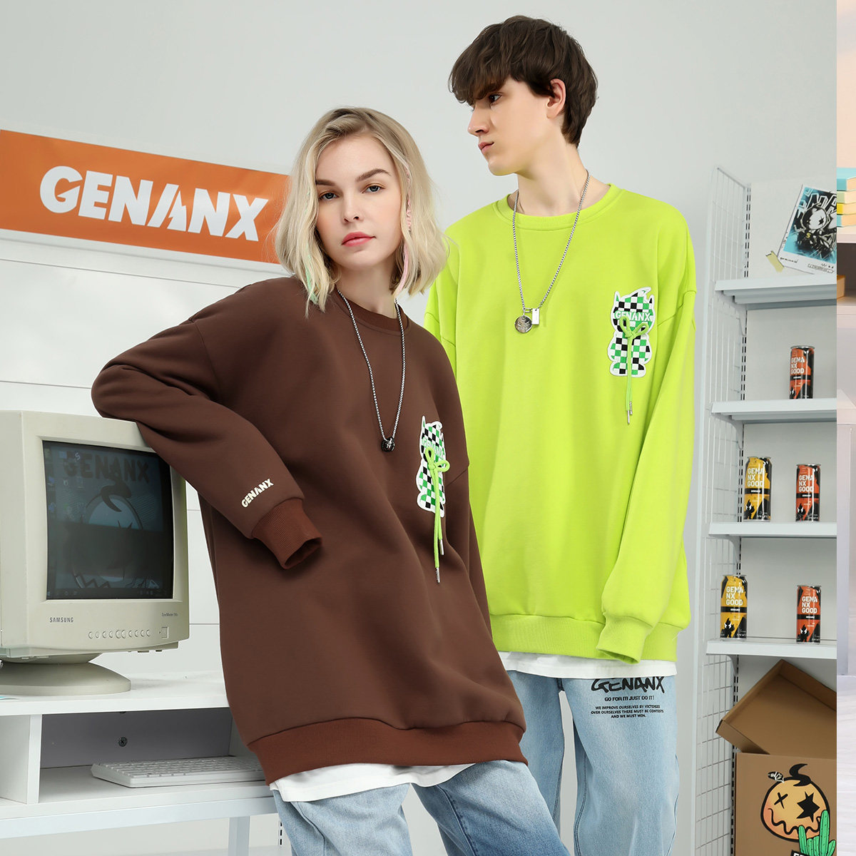 GENANX闪电潮牌套头卫衣宽松oversize英文小熊印花情侣款圆领上衣