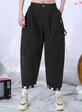 XXGOGO春秋季图案印花宽松松紧腰工装阔腿休闲长裤男女同款黑色