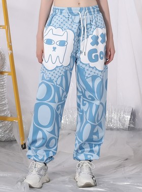 XXGOGO春秋猫咪图案字母英文满印宽松直筒束脚休闲裤长裤男女同款