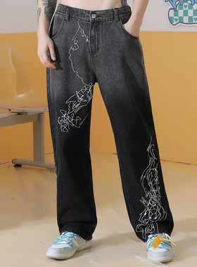 GENANX闪电潮牌春季新款阔腿牛仔裤黑灰色裤子直筒宽松牛仔裤男女