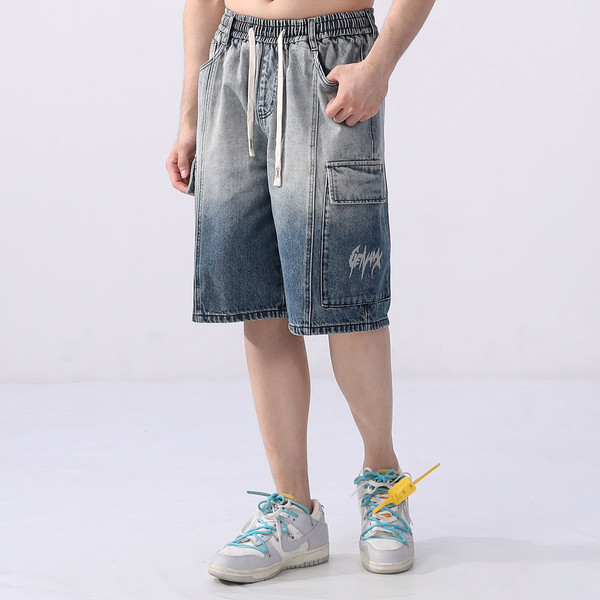 GENANX闪电潮牌街头工装水洗做旧宽松直筒五分牛仔短裤魏子宸同款