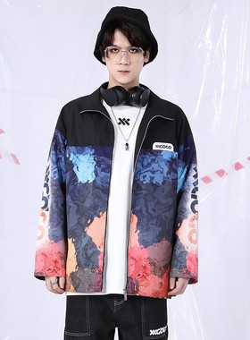XXGOGO春秋季拼色抽象水墨画字母印花拉链翻领宽松夹克男女同款