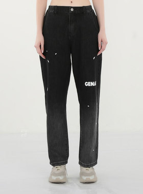 GENANX闪电潮牌新款牛仔裤基础LOGO印花黑灰色宽松牛仔裤长裤男