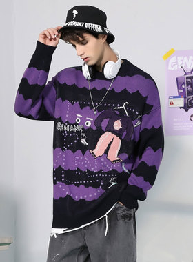 GENANX闪电潮牌条纹提花毛衣男黑紫色条纹设计圆领套头内搭针织衫