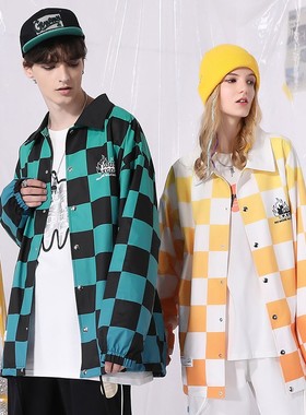 XXGOGO春秋季渐变色棋盘格印花抽绳下摆单排扣宽松夹克男女同款