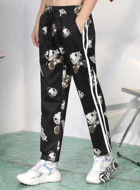 GENANX闪电潮牌黑色长裤logo原创设计满印侧条纹修身休闲运动裤男