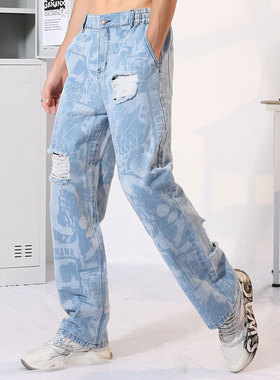 GENANX闪电潮牌牛仔裤破洞线须满印涂鸦浅蓝色直筒牛仔长裤休闲裤