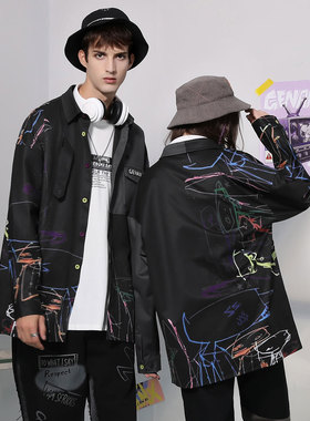 GENANX闪电潮牌男士衬衫黑灰色拼接炫彩涂鸦印花廓形春季衬衫男