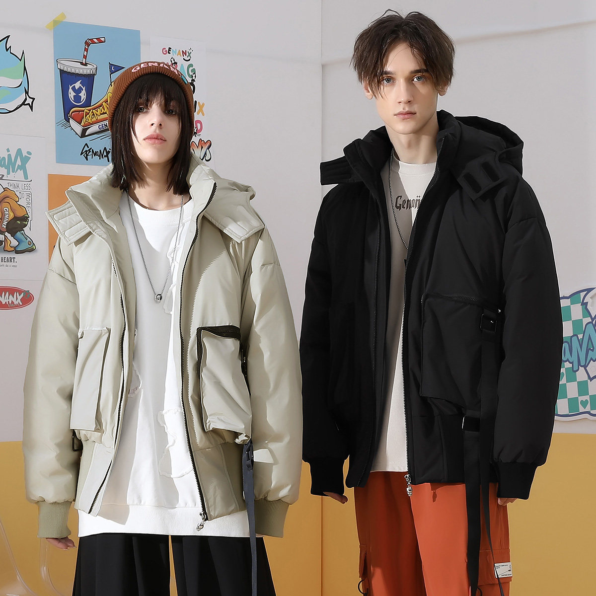 GENANX闪电潮牌冬季新款情侣羽绒服连帽立领外套宽松潮流休闲百搭