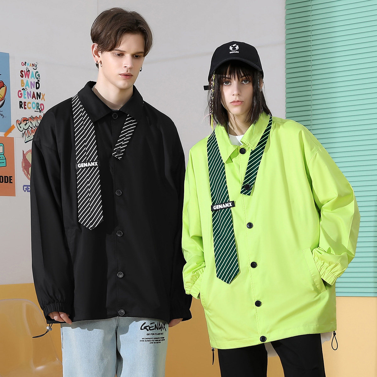GENANX闪电潮牌春季新款简约领带设计宽松情侣夹克黑色外套男女