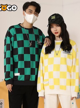 XXGOGO春秋季撞色棋盘格绣标落肩套头宽松圆领卫衣男女同款情侣款