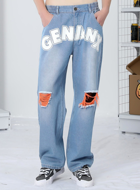 GENANX闪电潮牌宽松牛仔裤直筒浅蓝色破洞线须秋季新款牛仔长裤秋