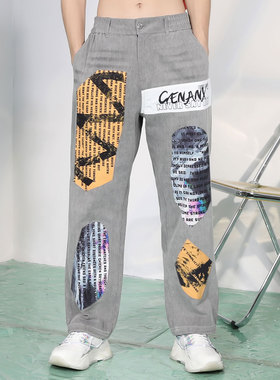 GENANX潮牌休闲长裤嘻哈潮流原创设计贴布设计灰色直筒牛仔裤男