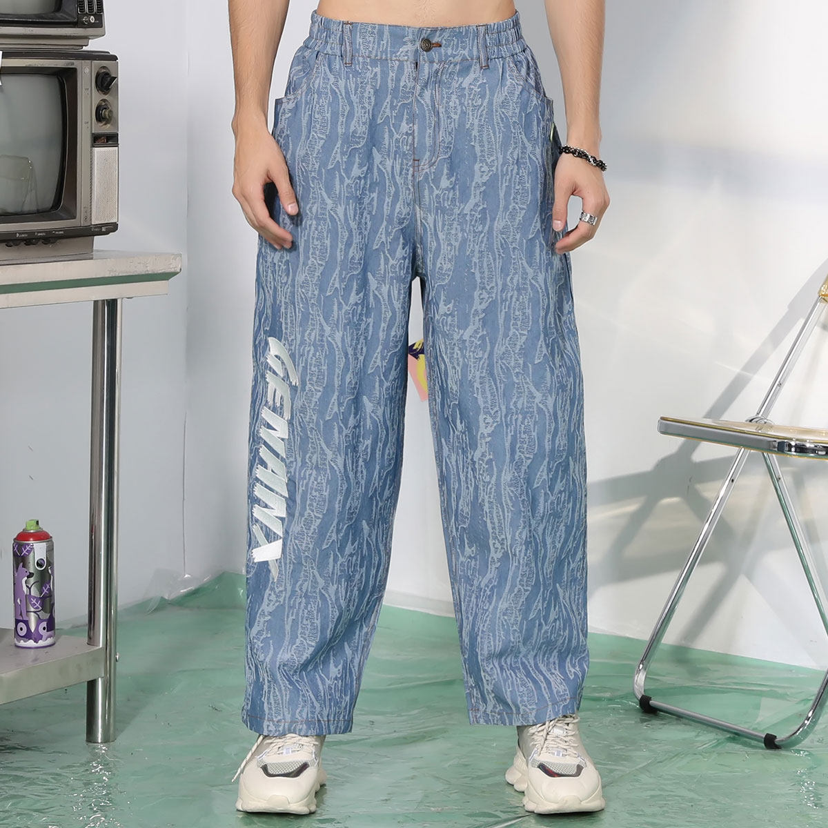 GENANX闪电潮牌复古牛仔裤男纹理字母印花高腰直筒宽松阔腿九分裤