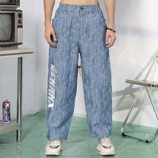 GENANX闪电潮牌复古牛仔裤男纹理字母印花高腰直筒宽松阔腿九分裤