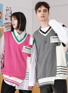 GENANX闪电潮牌秋季情侣红色毛衣男套头宽松撞色马甲背心武艺同款