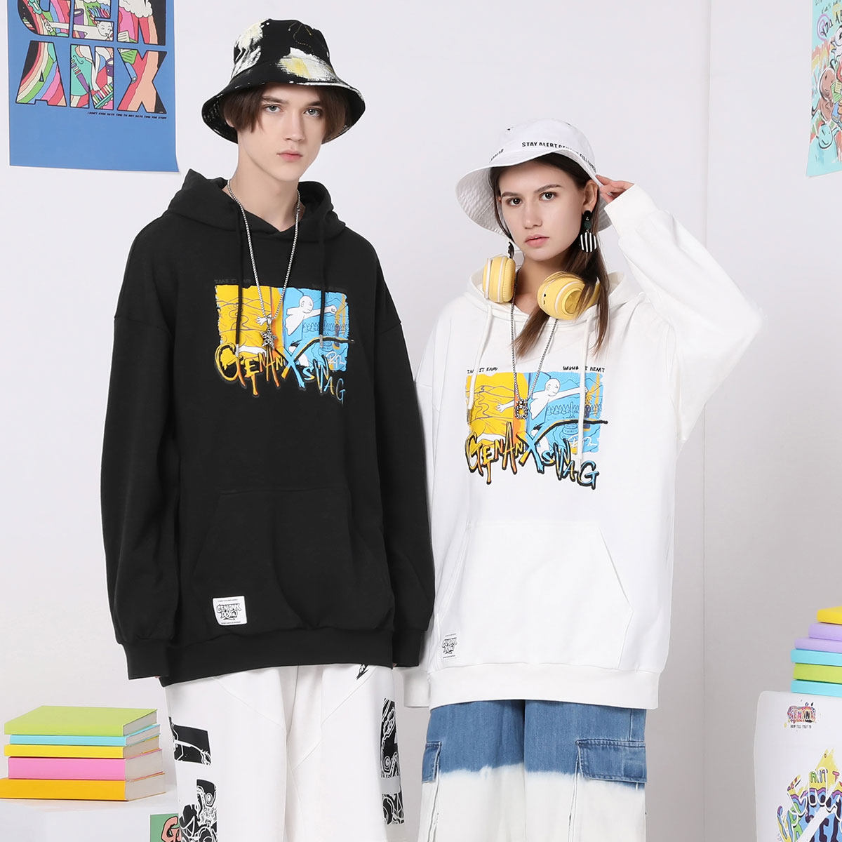 【彩虹骷髅联名款】GENANX连帽纯棉英文涂鸦印花秋季新款情侣卫衣