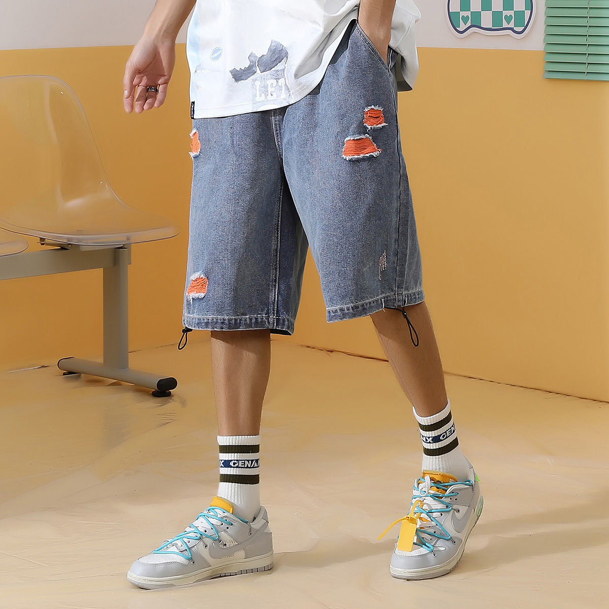 GENANX闪电潮牌夏季新款短裤五分裤牛仔破洞线须裤子宽松休闲男女