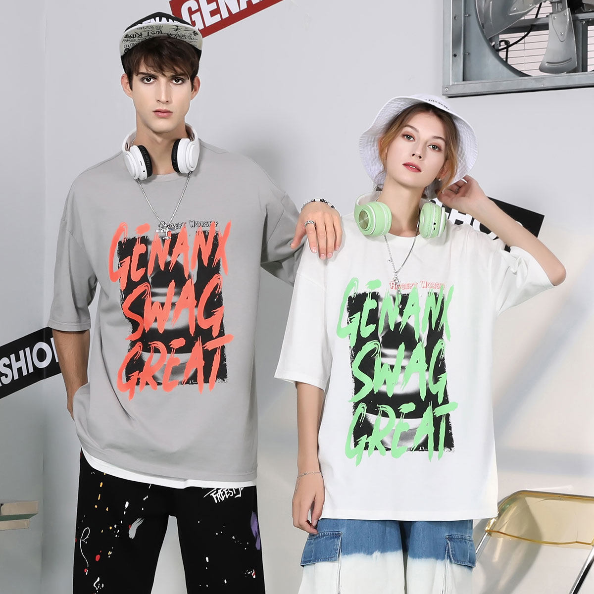 GENANX闪电潮牌情侣装上衣短袖夏季英文印花嘻哈街头风潮流T恤男