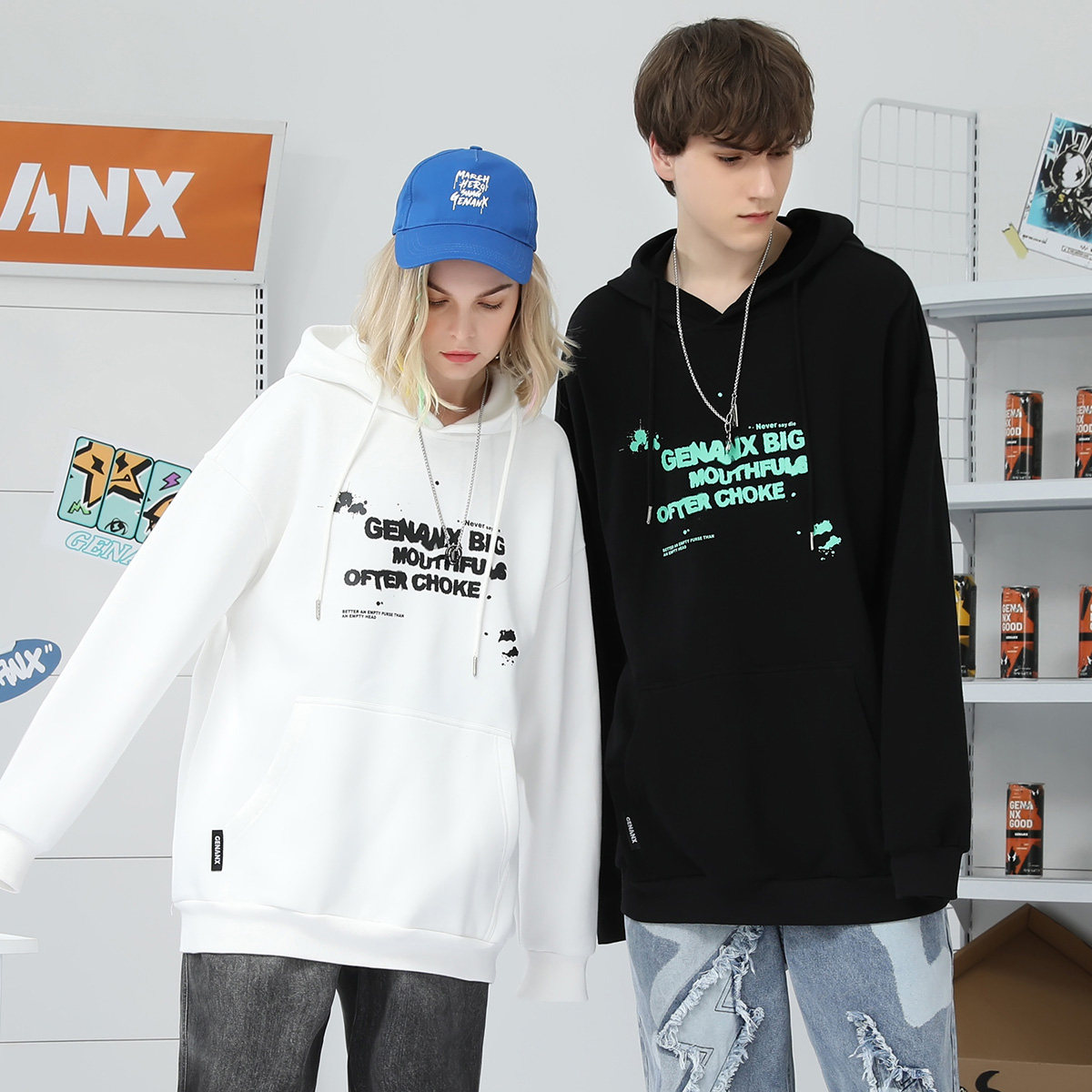 GENANX闪电潮牌克莱因蓝连帽卫衣袋鼠兜英文印花松紧边秋季上衣男