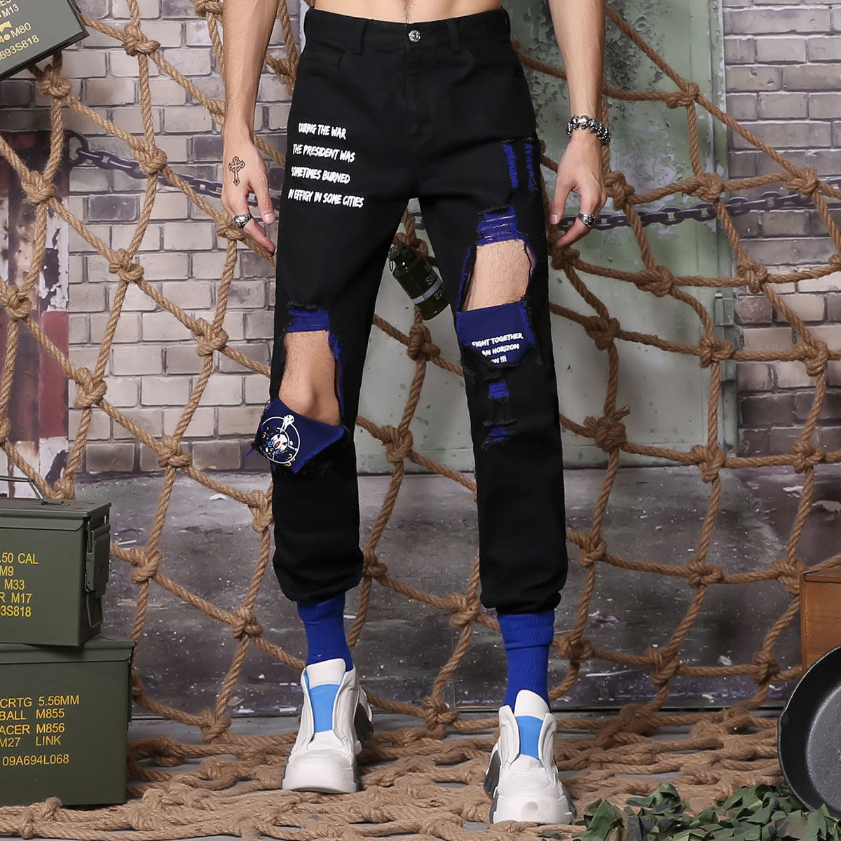 GENANX闪电潮牌直筒牛仔裤男士春季新款街头撞色破洞印花黑色长裤