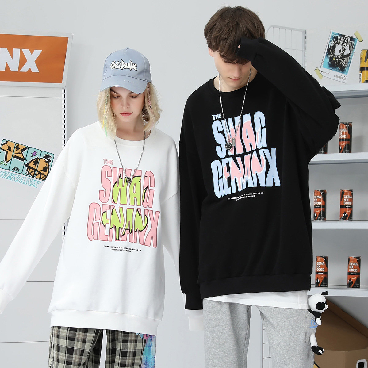 GENANX闪电潮牌套头卫衣男英文印花秋季新款基础款情侣款长袖上衣