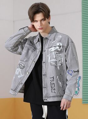 GENANX闪电潮牌牛仔衣浅灰色牛仔短款个性简约外套男帅气宽松休闲