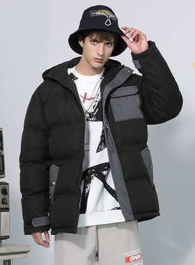GENANX闪电潮牌黑灰色连帽羽绒服男冬装保暖拼接贴布情侣羽绒外套