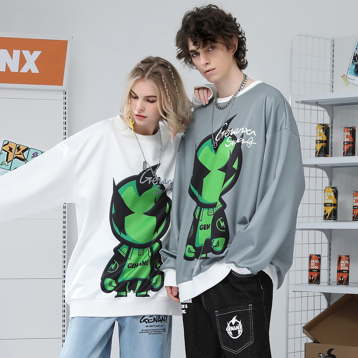GNEANX闪电潮牌太空棉卫衣男荧光绿卡通印花休闲秋季新款长袖上衣-封面